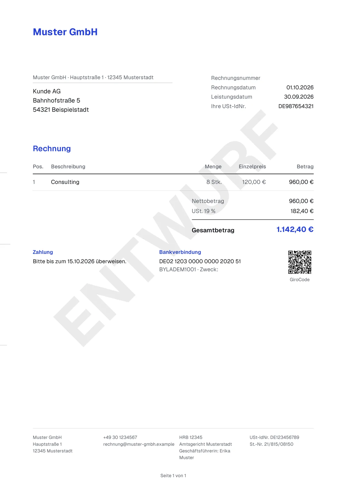 Entwurf einer Rechnung der Muster GmbH an die Kunde AG mit dem Wasserzeichen „ENTWURF“, noch ohne Rechnungsnummer