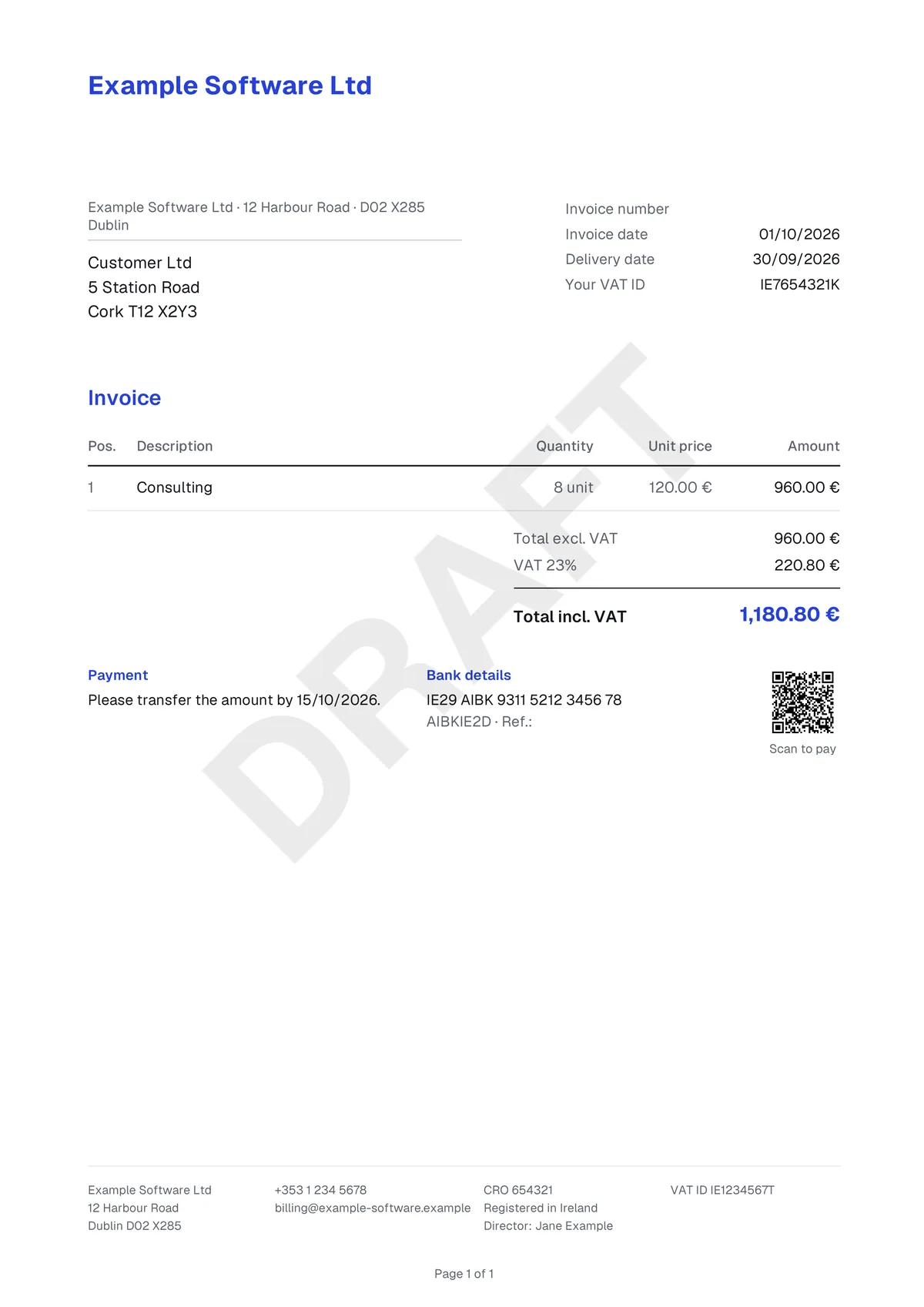 Draft invoice from Example Software Ltd to Customer Ltd with the watermark “DRAFT”, no invoice number yet